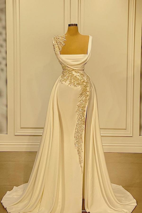 Square neck Pearls Crystals Satin Long Evening Dress Elegant Mermaid Prom Dress with Detachable Train-newarrivaldress
