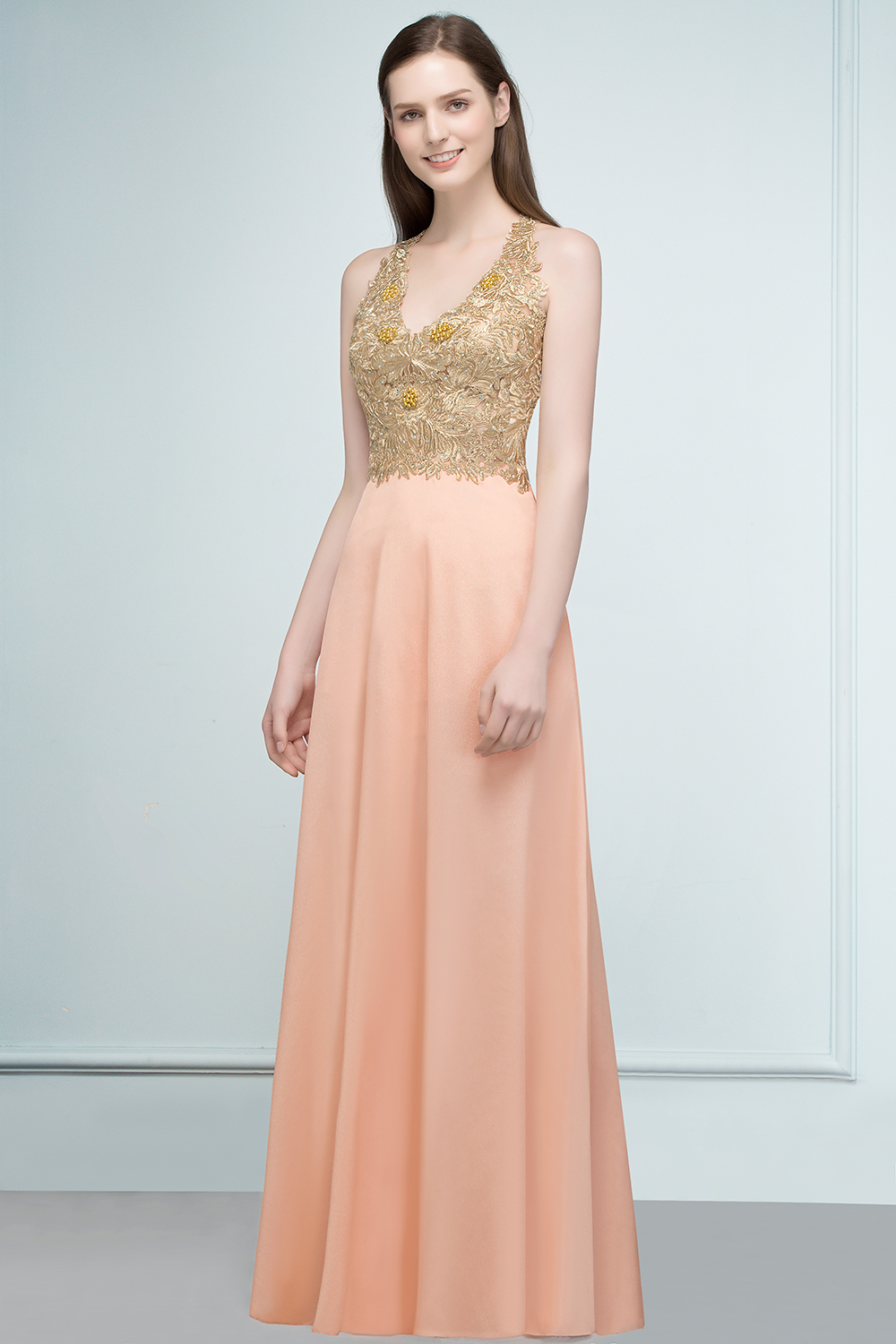 RENA | A-line Floor Length Spaghetti V-neck Appliqued Chiffon Bridesmaid Dresses-newarrivaldress