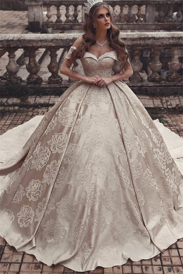 Luxury Off The Shoulder Ball Gown Wedding Dresses | Champagne Satin Bridal Gowns with Flower Appliques-newarrivaldress