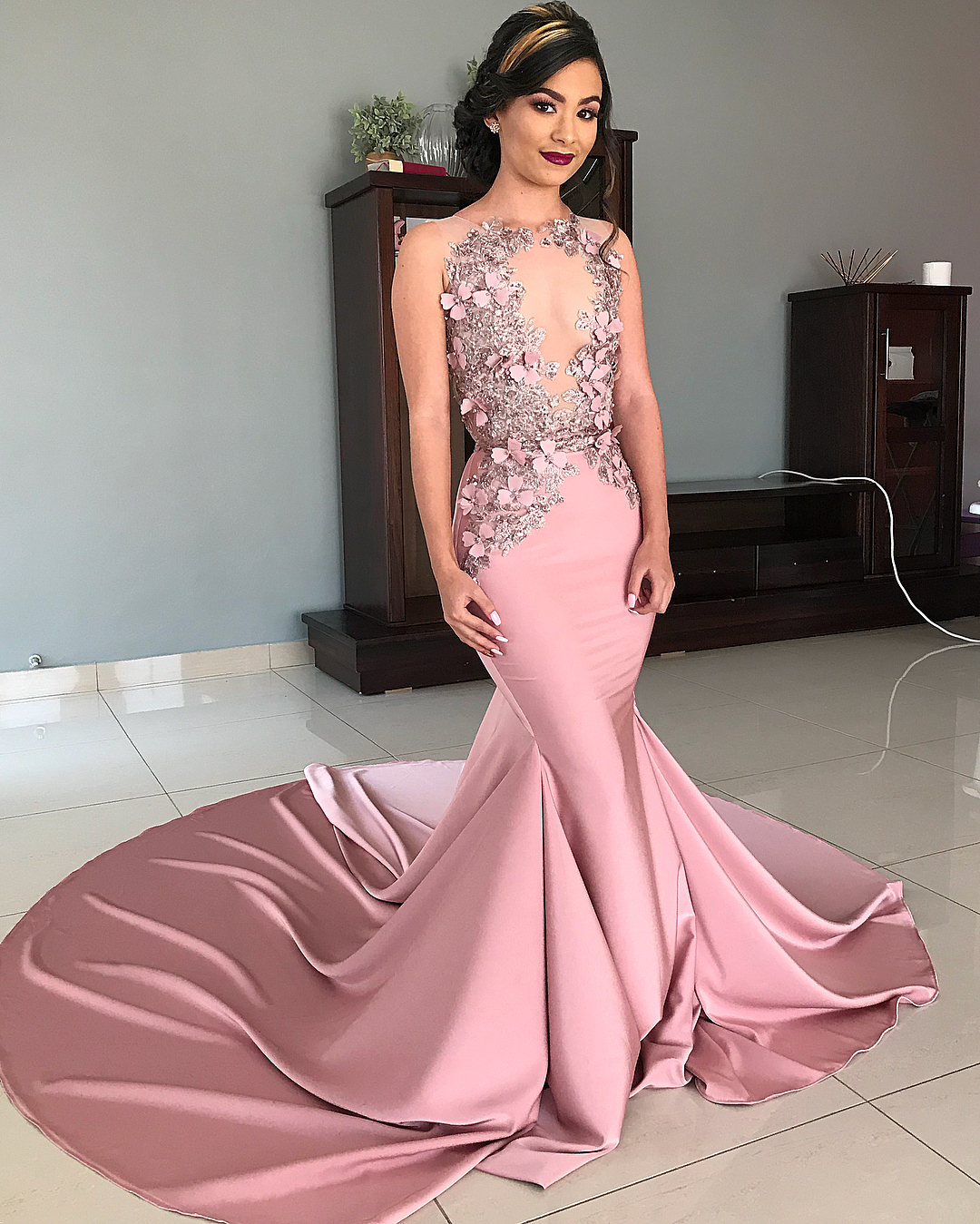 Sheer Tulle Pink Lace Appliques Prom Dresses | Mermaid Sleeveless Sexy Evening Gowns with Court Train-newarrivaldress