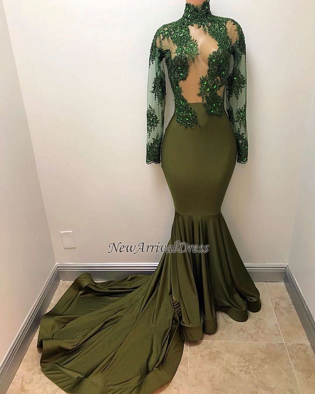 Mermaid Illusion Long Sleeve Gorgeous High Neck Long Prom Dresses-newarrivaldress