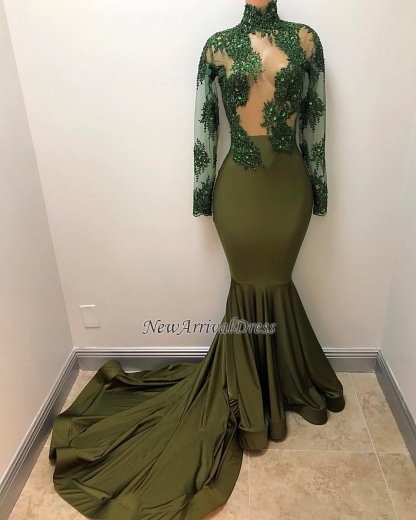 Mermaid Illusion Long Sleeve Gorgeous High Neck Long Prom Dresses-newarrivaldress