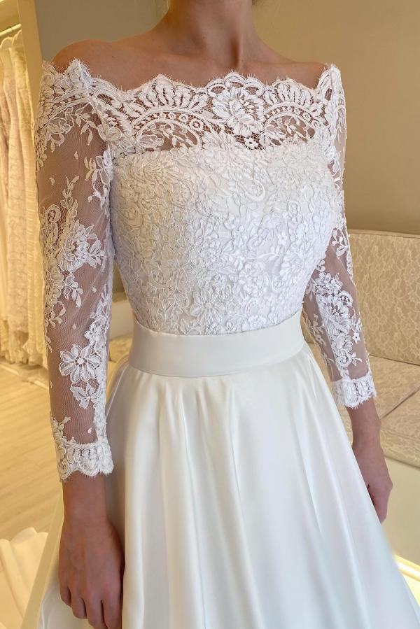 Beautiful Bateau neck Satin Aline Wedding Dress Floral Lace Appliques Bridal Dress with Sleeves-newarrivaldress