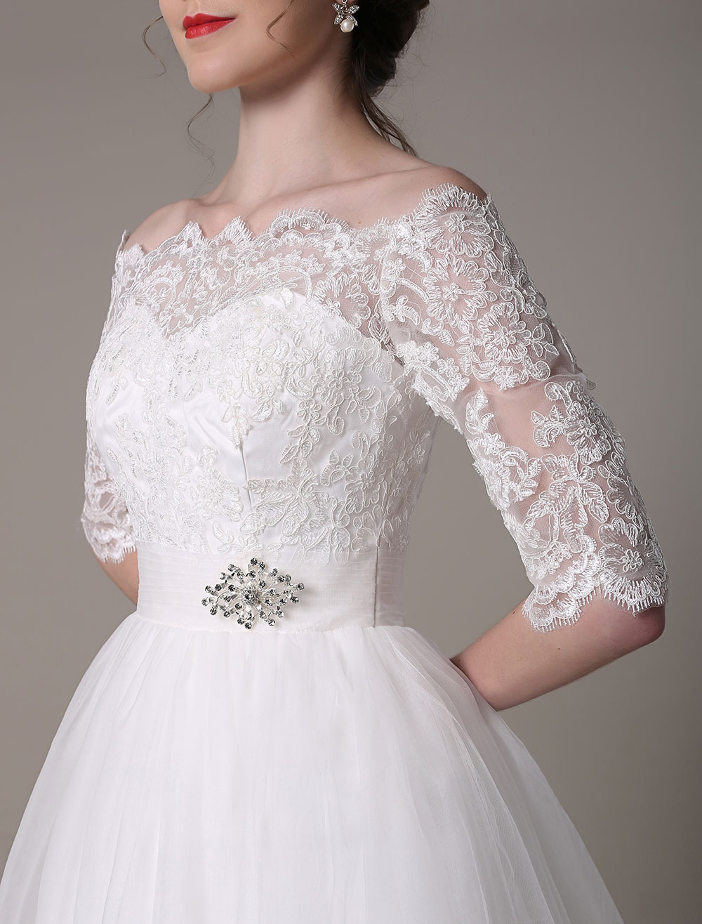 Lace Wedding Dresses 2021 Short Off The Shoulder A Line Knee Length Waist Rhinestone Bridal Dress Exclusive-newarrivaldress