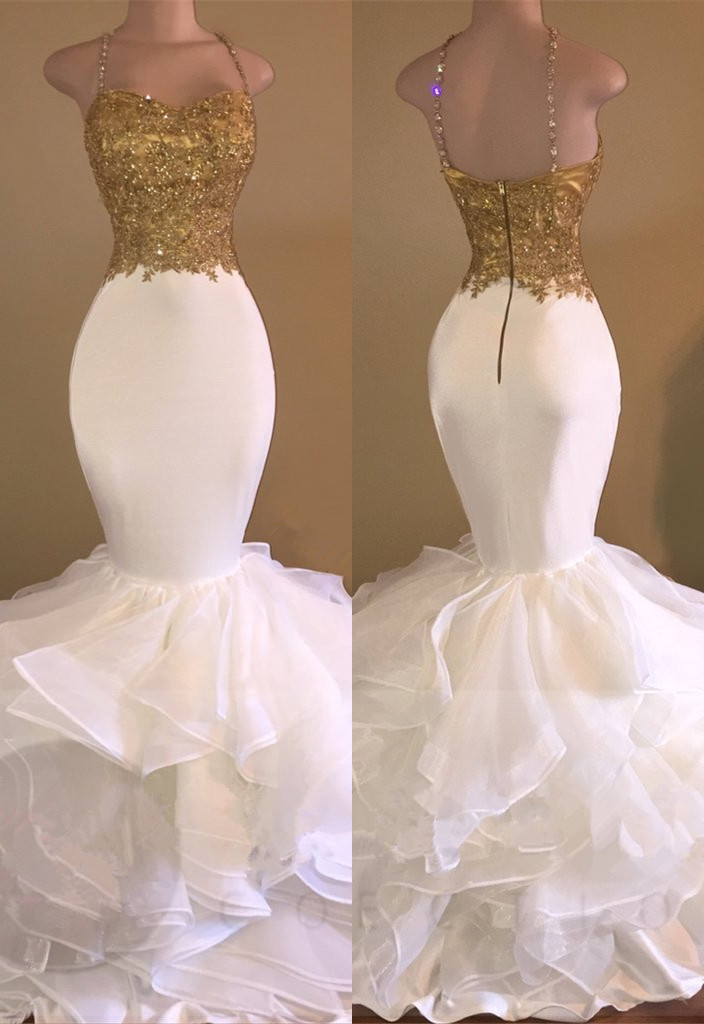 Mermaid Spaghetti Straps Evening Gowns | Lace Appliques Sleeveless Ruffles Prom Dresses-newarrivaldress