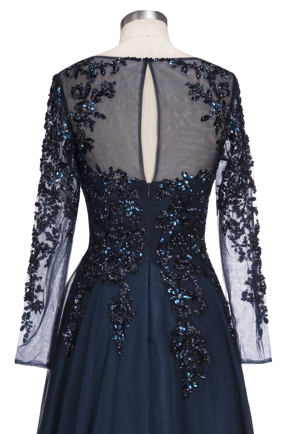 Dark Navy A-line Floor Length Long Sleeve Beads Appliques Elegant Evening Dresses-newarrivaldress