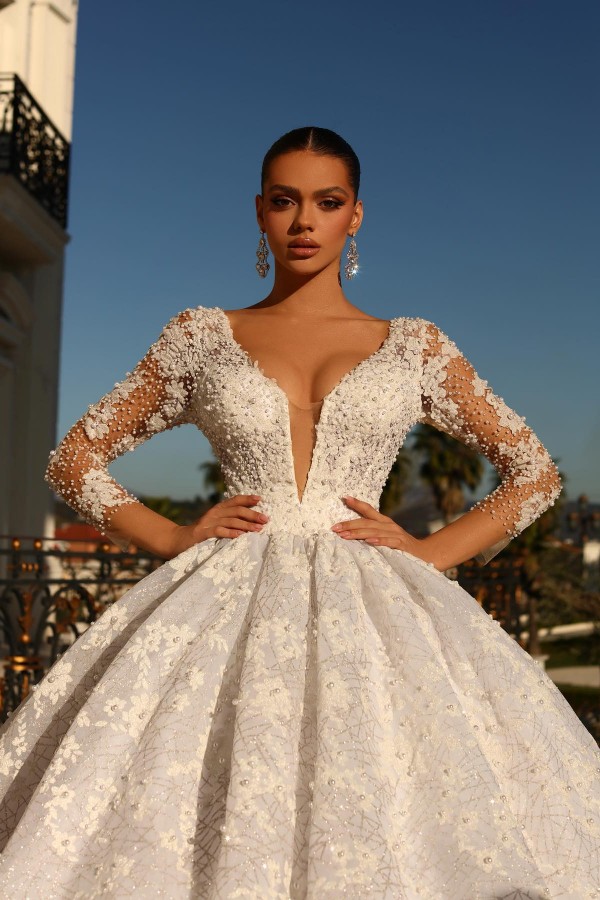 Luxury Long Sleeves Ball Gown Deep V-Neck Flower Pearls Wedding Dress-newarrivaldress