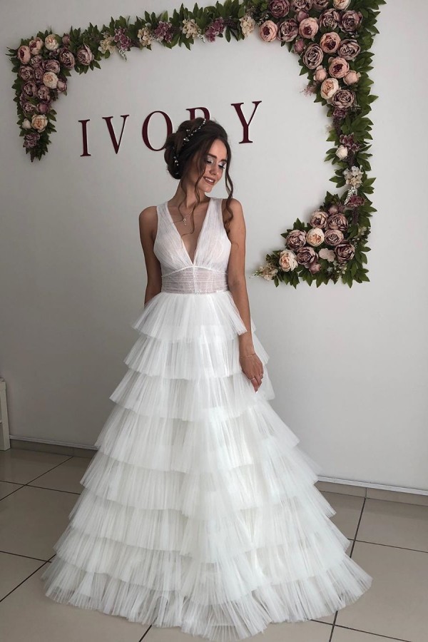 Straps V-neck A-line Wedding Dresses | Tulle Ruffles Floor Length Bridal Gowns Online-newarrivaldress