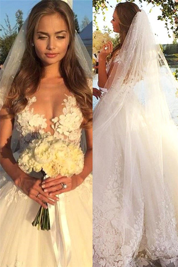 Gorgeous Short Sleeve Tulle Bridal Gowns New Lace Applique Long Princess Dresses-newarrivaldress