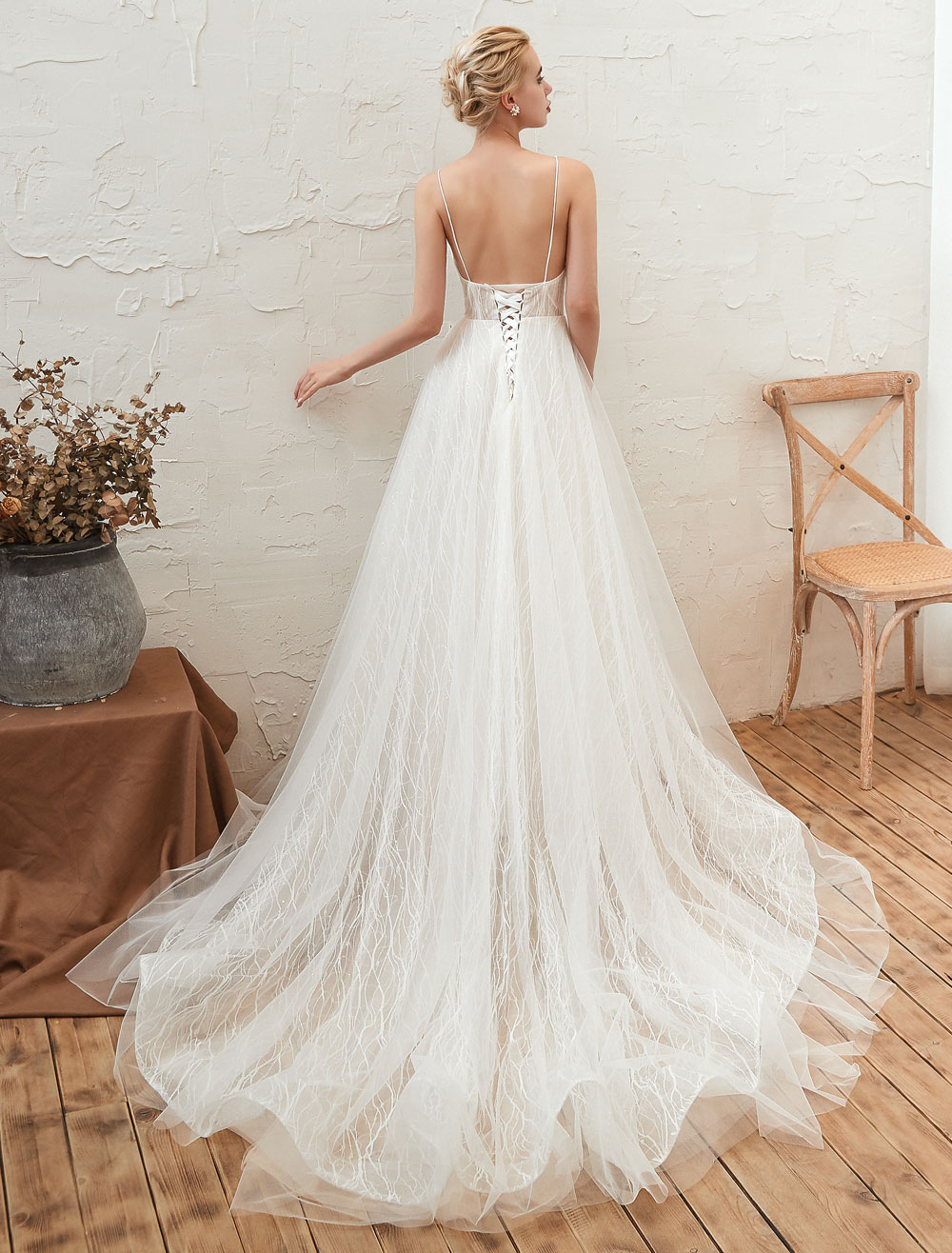 Wedding Dress 2021 V Neck A Line Floor Length Lace Appliqued Tulle Bridal Gowns-newarrivaldress