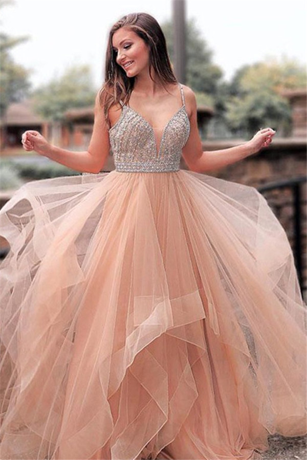 Elegant Appliques Spaghetti-Straps Tulle A-Line Prom Dresses-newarrivaldress