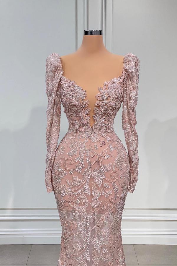 Elegant Long Puffy Sleeves Floral Lace Mermaid Prom Dress V-Neck-newarrivaldress