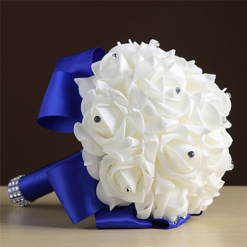 White Silk Rose Crystal Beading Bouquet in Colorful Handles-newarrivaldress