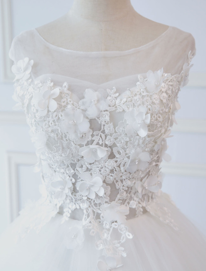 Princess Wedding Dresses Ball Gowns Lace Flowers Applique Sleeveless Bridal Gowns With Train-newarrivaldress