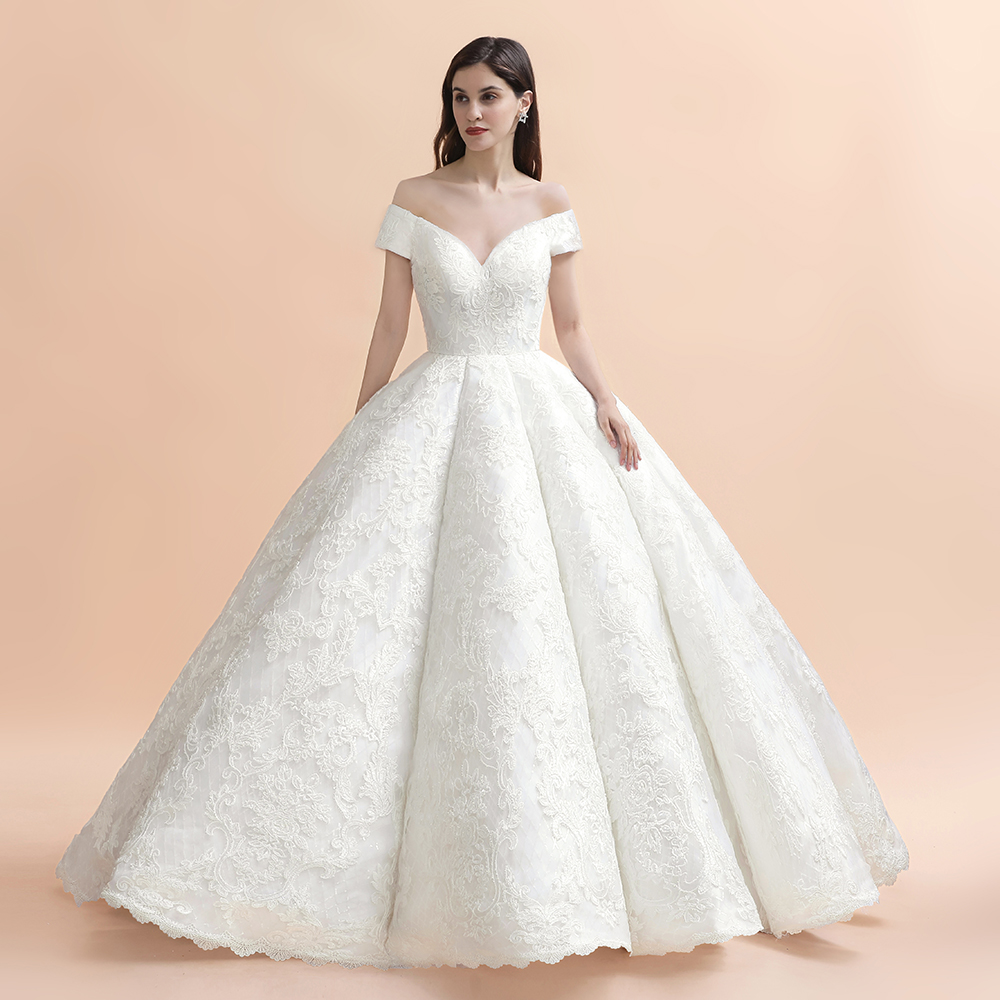 Charming Off-the-Shoulder Appliques Ball Gown Backless Sweep Train-newarrivaldress