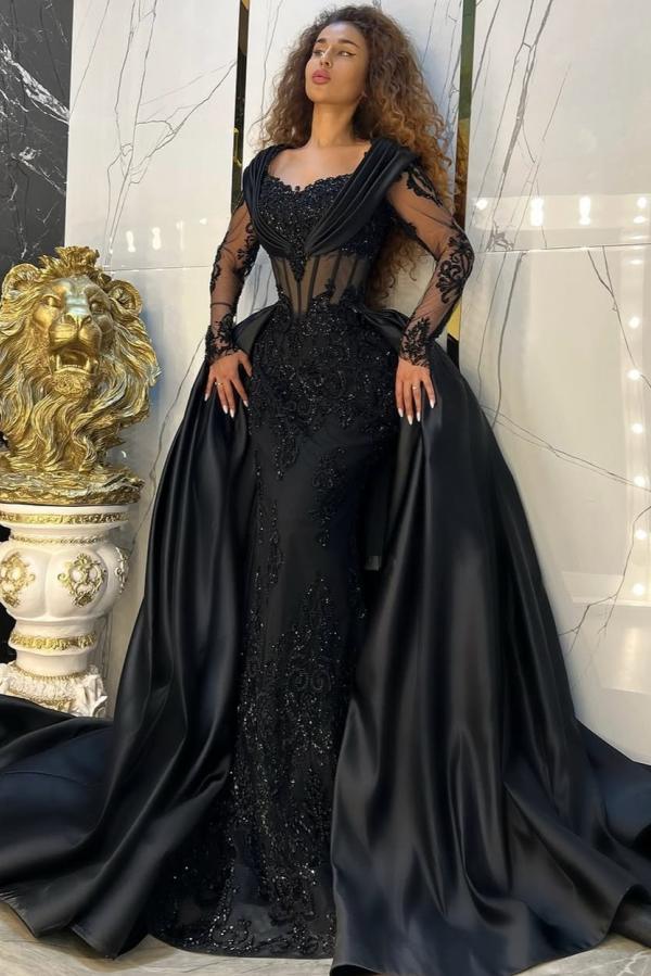 Luxury Black Mermaid Evening Gowns with Long Sleeves Appliques Long Prom Dress
