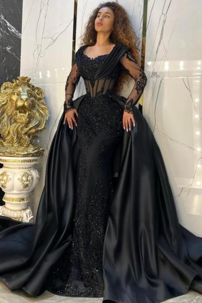 Luxury Black Mermaid Evening Gowns with Long Sleeves Appliques Long Prom Dress