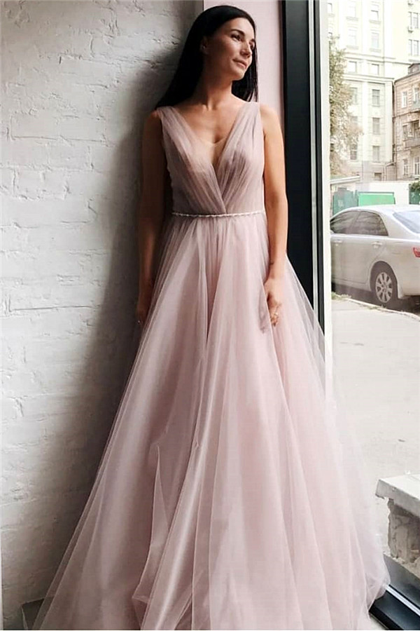 Tulle V-Neck Beading Long Evening Dress-newarrivaldress