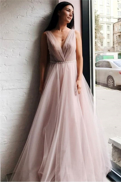 Tulle V-Neck Beading Long Evening Dress-newarrivaldress