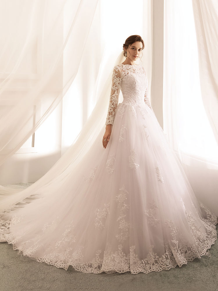 Wedding Dresses 2021 Princess Silhouette Bateau Neck Long Sleeve Natural Waist Lace Tulle Bridal Gowns-newarrivaldress