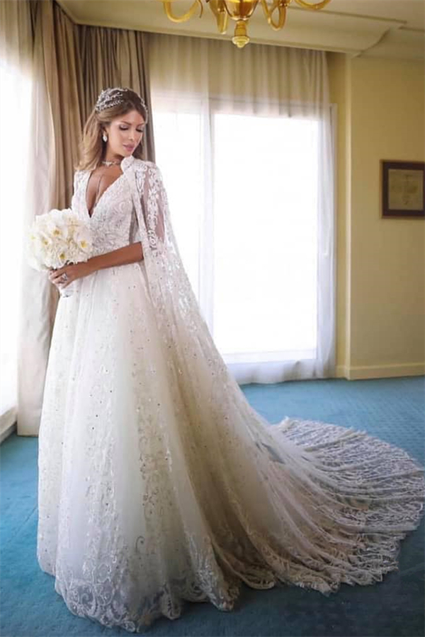Straps V-neck Beads Appliques A-line Wedding Dresses | Sleeveless Bridal Gowns with Lace Cape-newarrivaldress