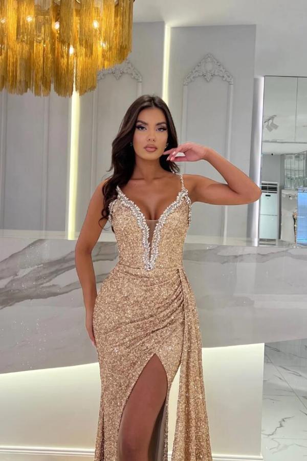 Stunning Glitter Gold Sequins Long mermaid Evening Dress Deep V-Neck Side Split Prom Dress-newarrivaldress