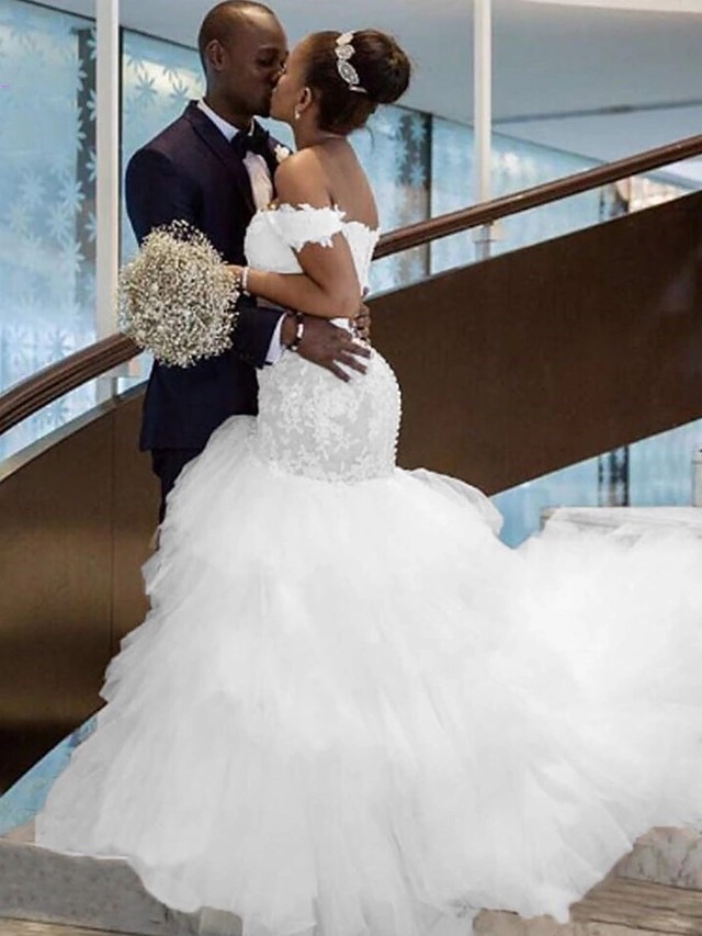 Modest Mermaid Wedding Gowns Off Shoulder Ruffles Tulle Lace Bridal Dress-newarrivaldress