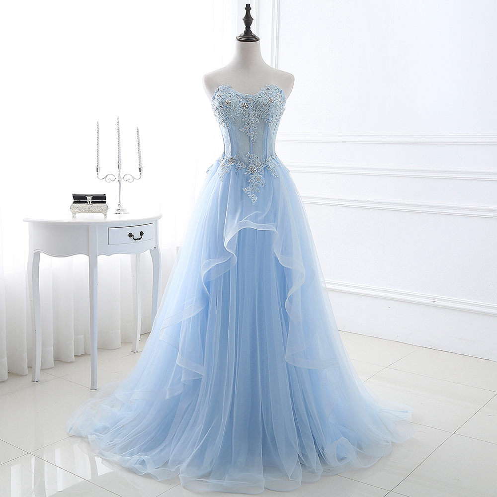 Strapless Fluffy Tulle Sky Blue Formal Dresses | Lace Appliques Evening Gowns-newarrivaldress
