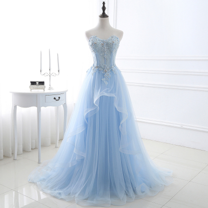 Strapless Fluffy Tulle Sky Blue Formal Dresses | Lace Appliques Evening Gowns-newarrivaldress