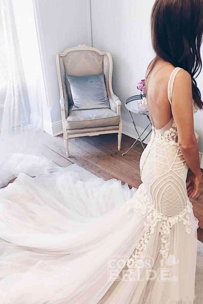 Beautiful Mermaid Tulle Wedding Dress V-Neck Backless Bridal Gown-newarrivaldress