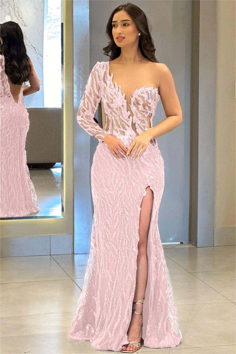 One Shoulder One Long Sleeve Backless Mermaid Split Prom Dress With Appliques