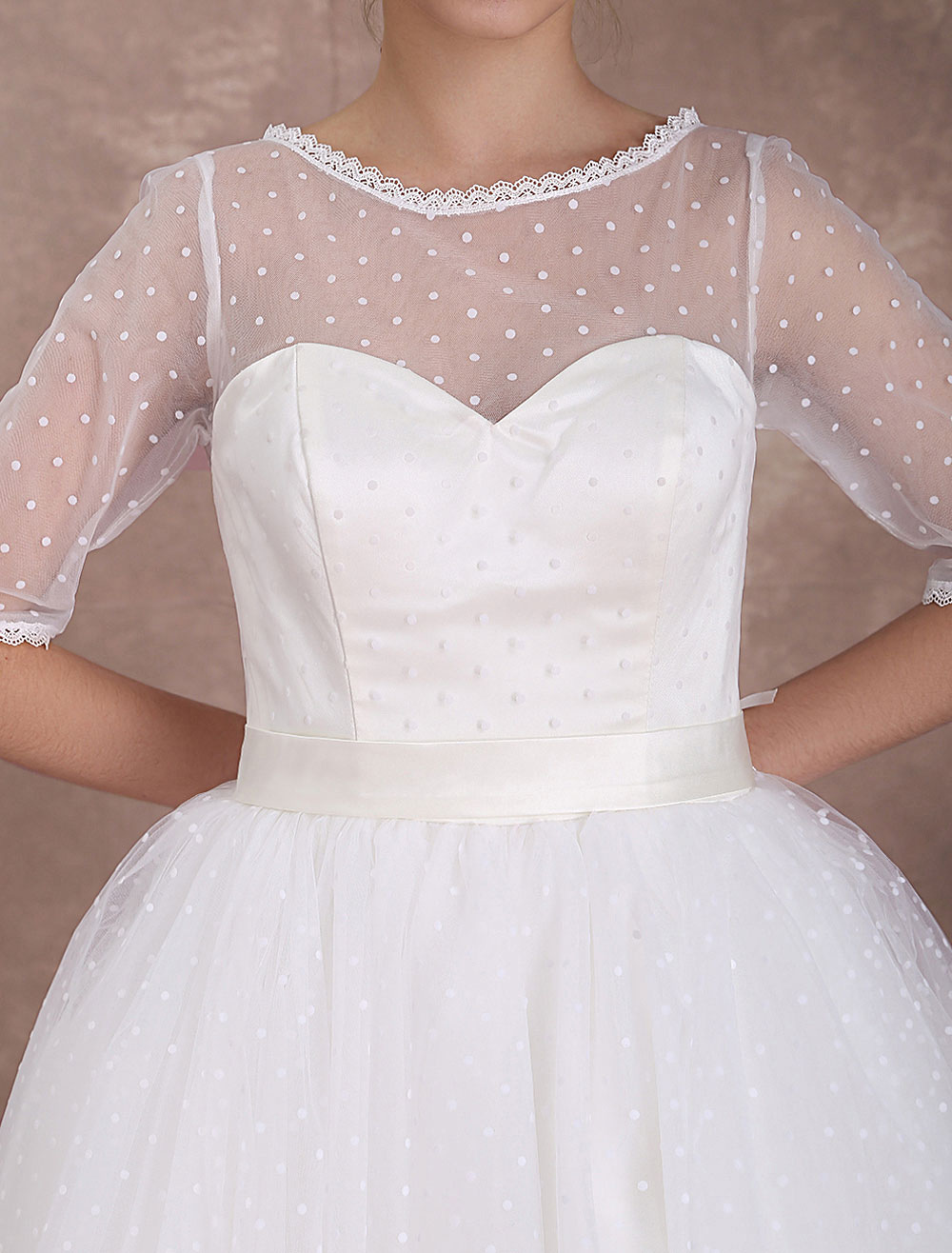 Vintage Wedding Dress 1950'S Short Bridal Dress Ivory Backless Polka Dot Half Sleeve Sweetheart Bow Sash Weddig Reception Dress Exclusive-newarrivaldress