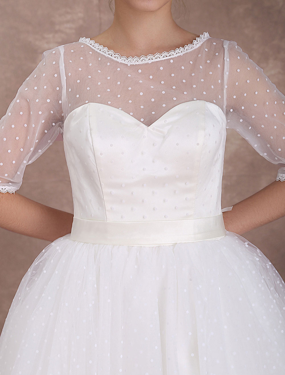 Vintage Wedding Dress 1950'S Short Bridal Dress Ivory Backless Polka Dot Half Sleeve Sweetheart Bow Sash Weddig Reception Dress Exclusive-newarrivaldress