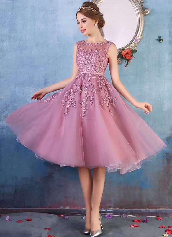 Tea-Length A-line Sheer-Neck Amazing Lace-Appliques Beaded Party Dresses-newarrivaldress