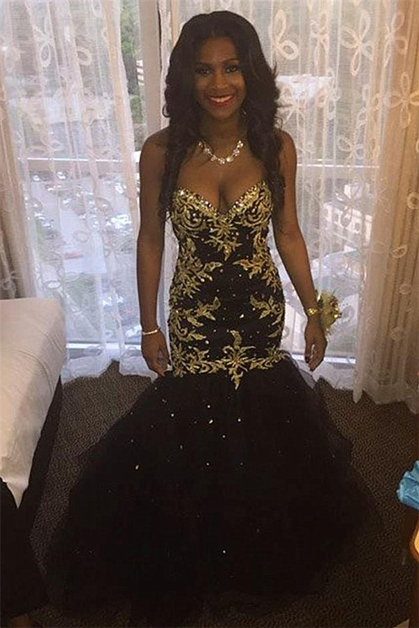 Black Beaded Mermaid Gold Sweetheart Sexy Popular Tulle Appliques Prom Dresses-newarrivaldress