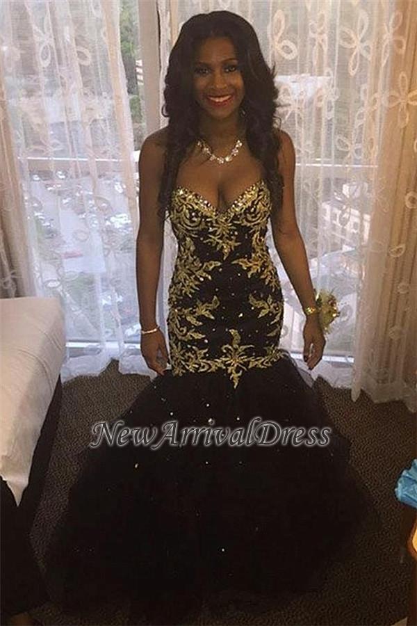 Black Beaded Mermaid Gold Sweetheart Sexy Popular Tulle Appliques Prom Dresses-newarrivaldress