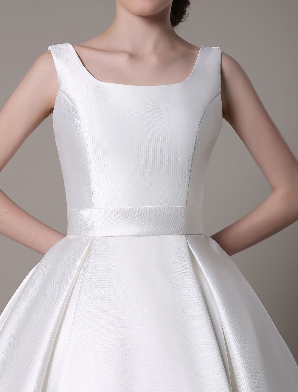 Ivory Wedding Dress Scoop Backless Knee Length Satin Wedding Gown Exclusive-newarrivaldress