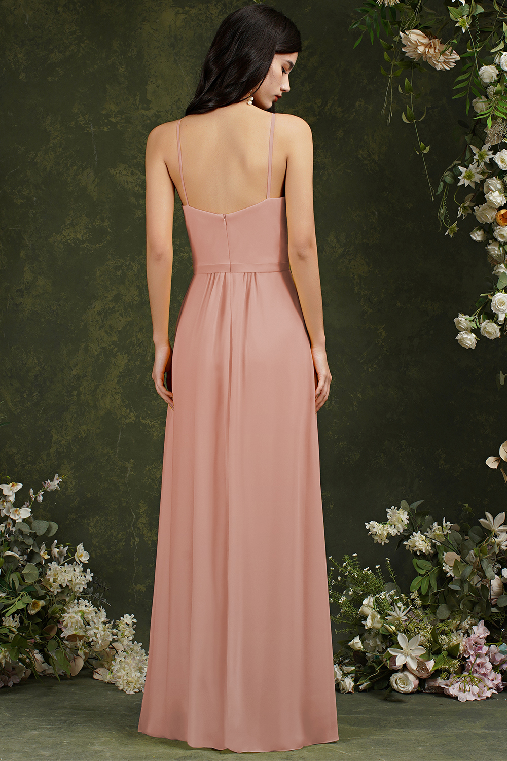 Halter Long Bridesmaid Dress Chiffon Sleeveless Side Split Wedding Party Dress-newarrivaldress