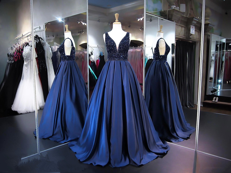V-Neck Beads Custom Made Prom Dresses | A-line Sleeveless Navy Elegant Evening Dress-newarrivaldress