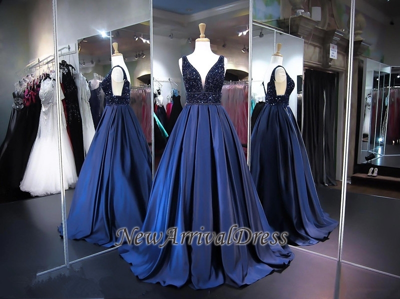V-Neck Beads Custom Made Prom Dresses | A-line Sleeveless Navy Elegant Evening Dress-newarrivaldress