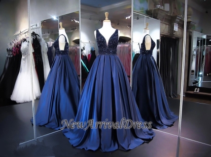 V-Neck Beads Custom Made Prom Dresses | A-line Sleeveless Navy Elegant Evening Dress-newarrivaldress