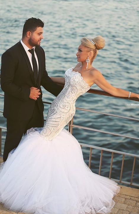 Crystal Beading Mermaid Tulle Wedding Dress with Detachable Train Luxurious Sweep Train Bridal Gowns MH045-newarrivaldress