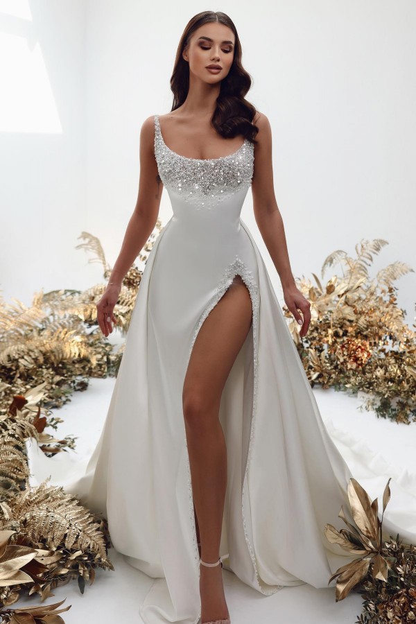 Unique Beads Column Boho Wedding Dress with Slit Satin Bridal Gown-newarrivaldress