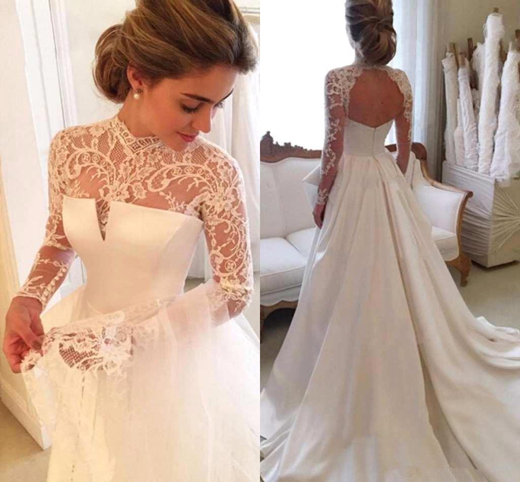 High Neck Vintage Lace Wedding Dresses | Open Back Long Sleeve Satin Bridal Gowns-newarrivaldress