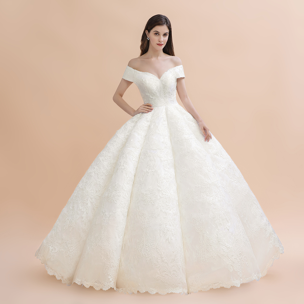 Ivory Off Shoulder Lace Appliques A-line Ball Gown Tulle Wedding Dress-newarrivaldress