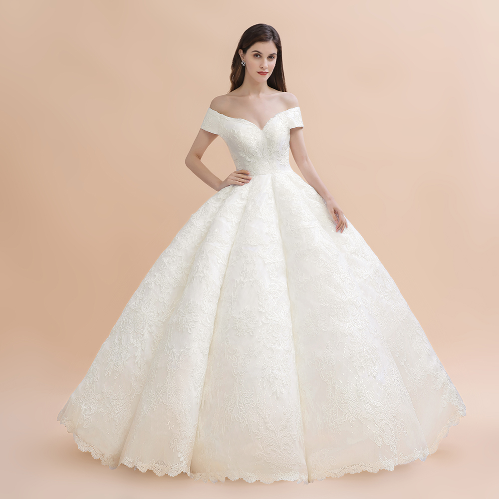 Ivory Off Shoulder Lace Appliques A-line Ball Gown Tulle Wedding Dress-newarrivaldress