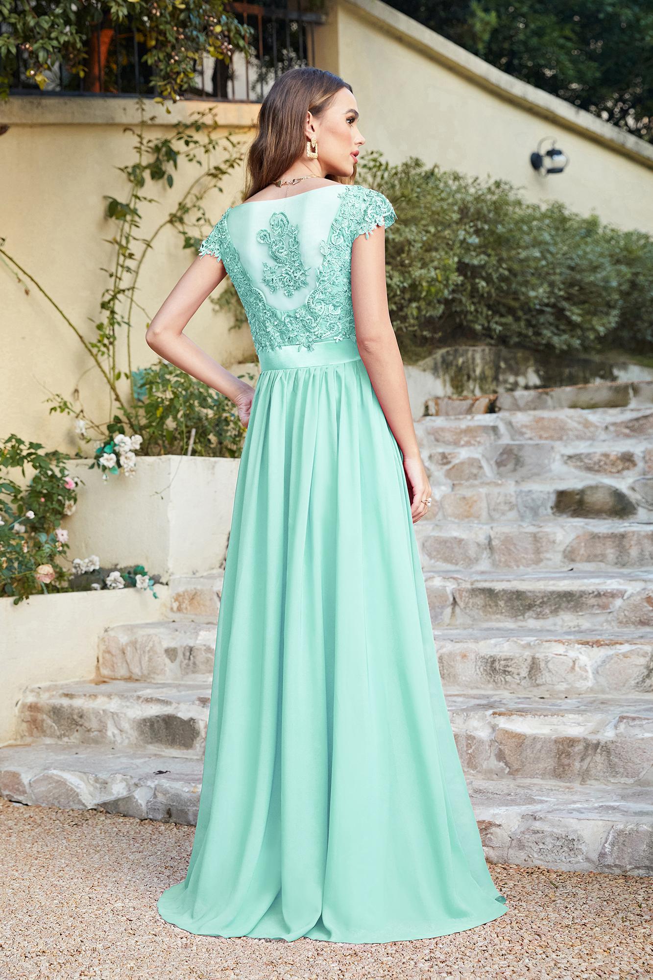 Chic Cap Sleeves Floral Lace Aline Long Evening Dresses Beadings Floor Length Chiffon Bridesmaid Dresses-newarrivaldress