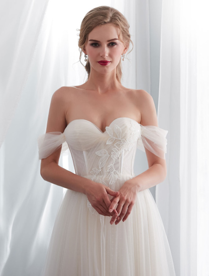 Wedding Dresses Tulle Ivory Off The Shoulder Sweetheart Beach Bridal Dress With Train-newarrivaldress