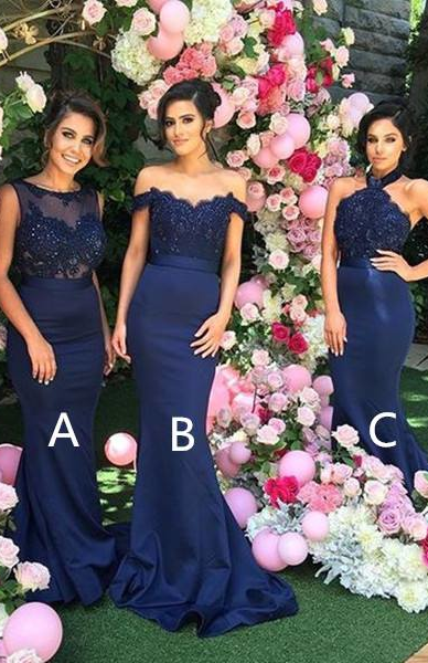 Elegant Mermaid Bridesmaid Dresses 3 Style Appliques Satin Long Prom Dresses-newarrivaldress
