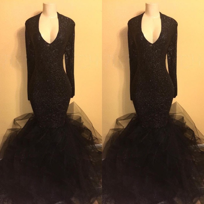 Black Long Prom Dresses with Sleeves | Mermaid Formal Dresses Plus Size BA8155-newarrivaldress